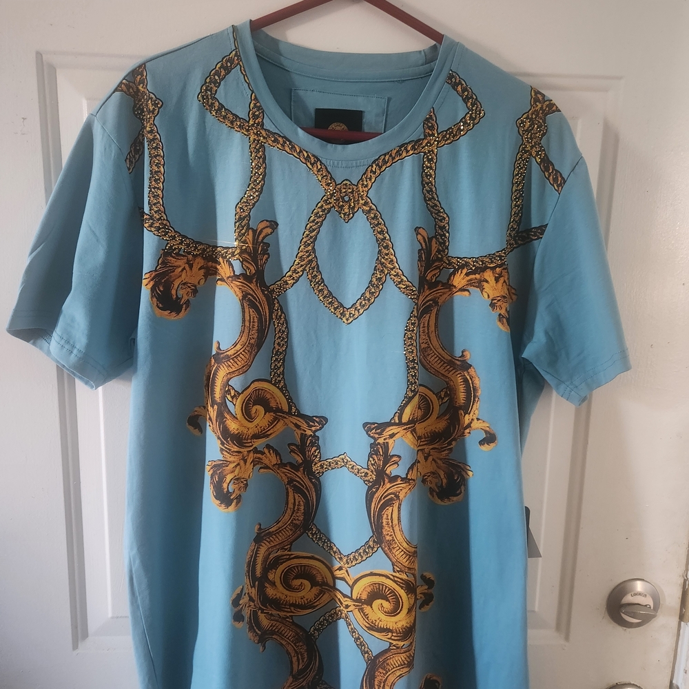 Versace Inspired Blue and Gold Men's Shirt
